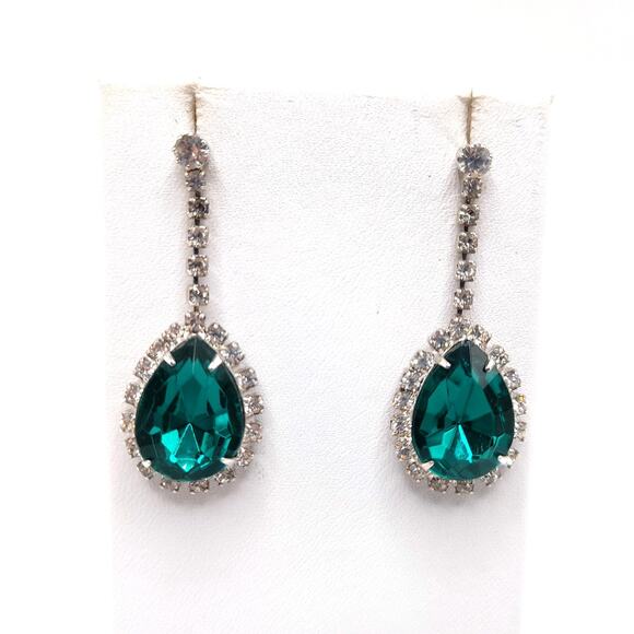 Vintage Green Rhinestone Drop Earrings, Clear Crystal, 1990s Statement Jewelry - Picture 6 of 10